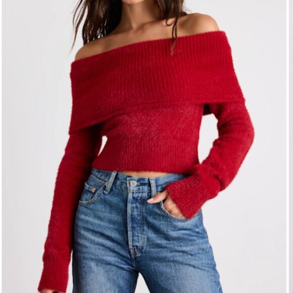 Ravenna Red Eyelash Knit Off-the-Shoulder Sweater Top Lulus SMALL - Picture 1 of 4